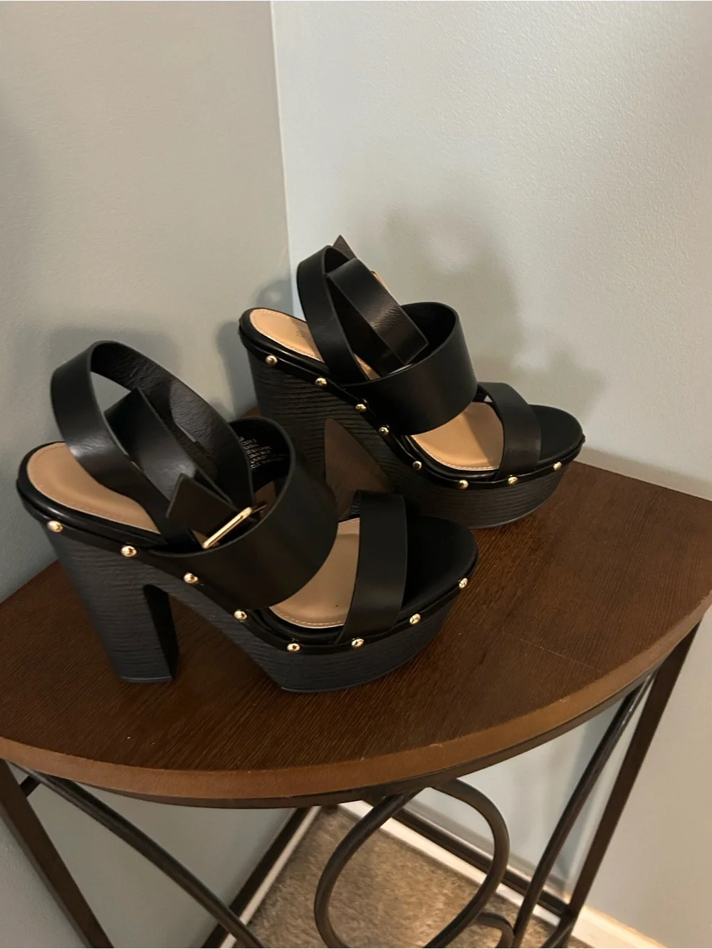 Shoe Dazzle Black Wide-Strap Platform Sandals with Ankle Wrap